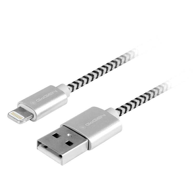 GoGEN USB / lightning Kábel, 2m opletený, strieborný